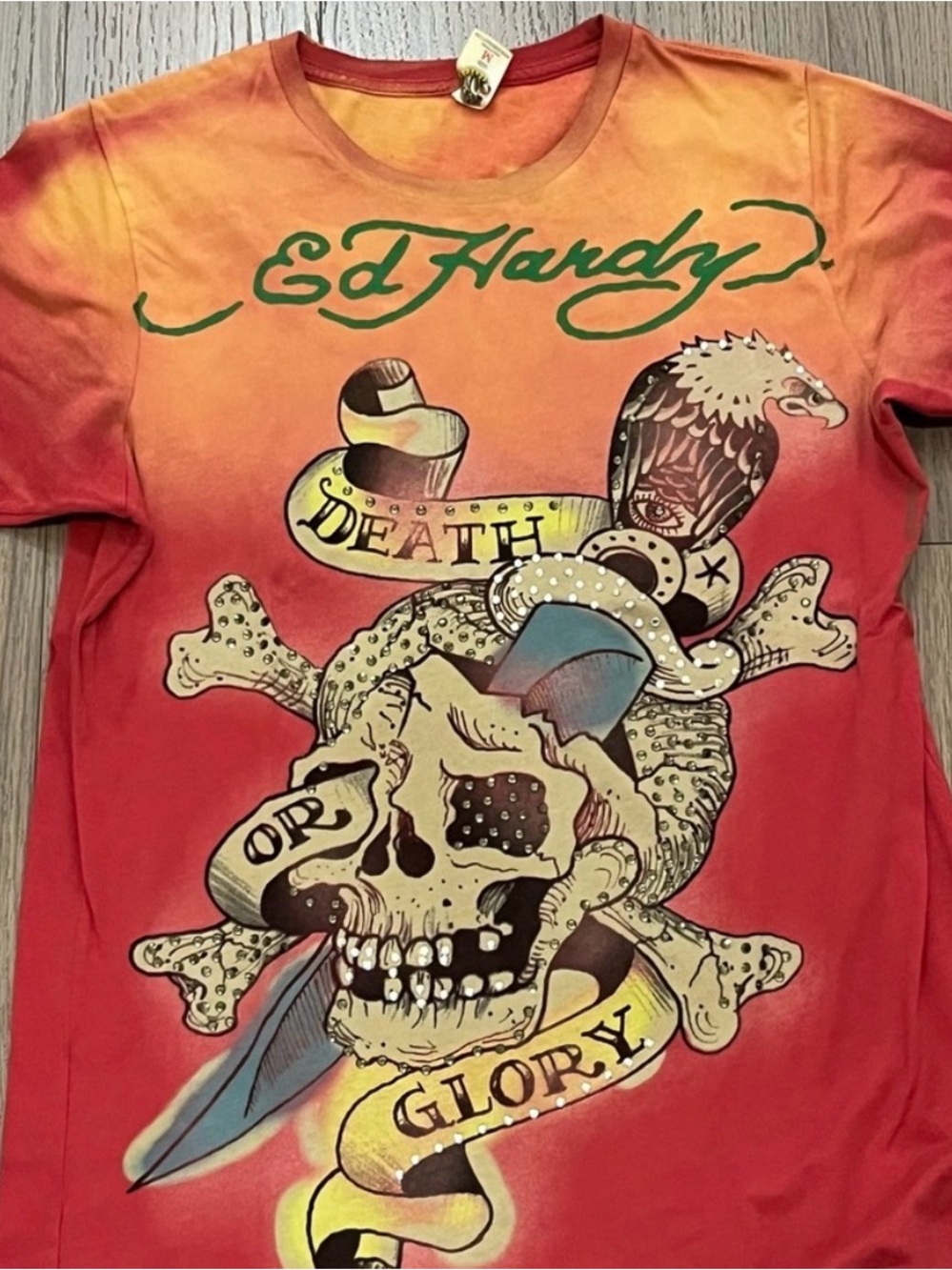 Ed Hardy Orange Red Graphic Tee - Death or Glory Skull Print